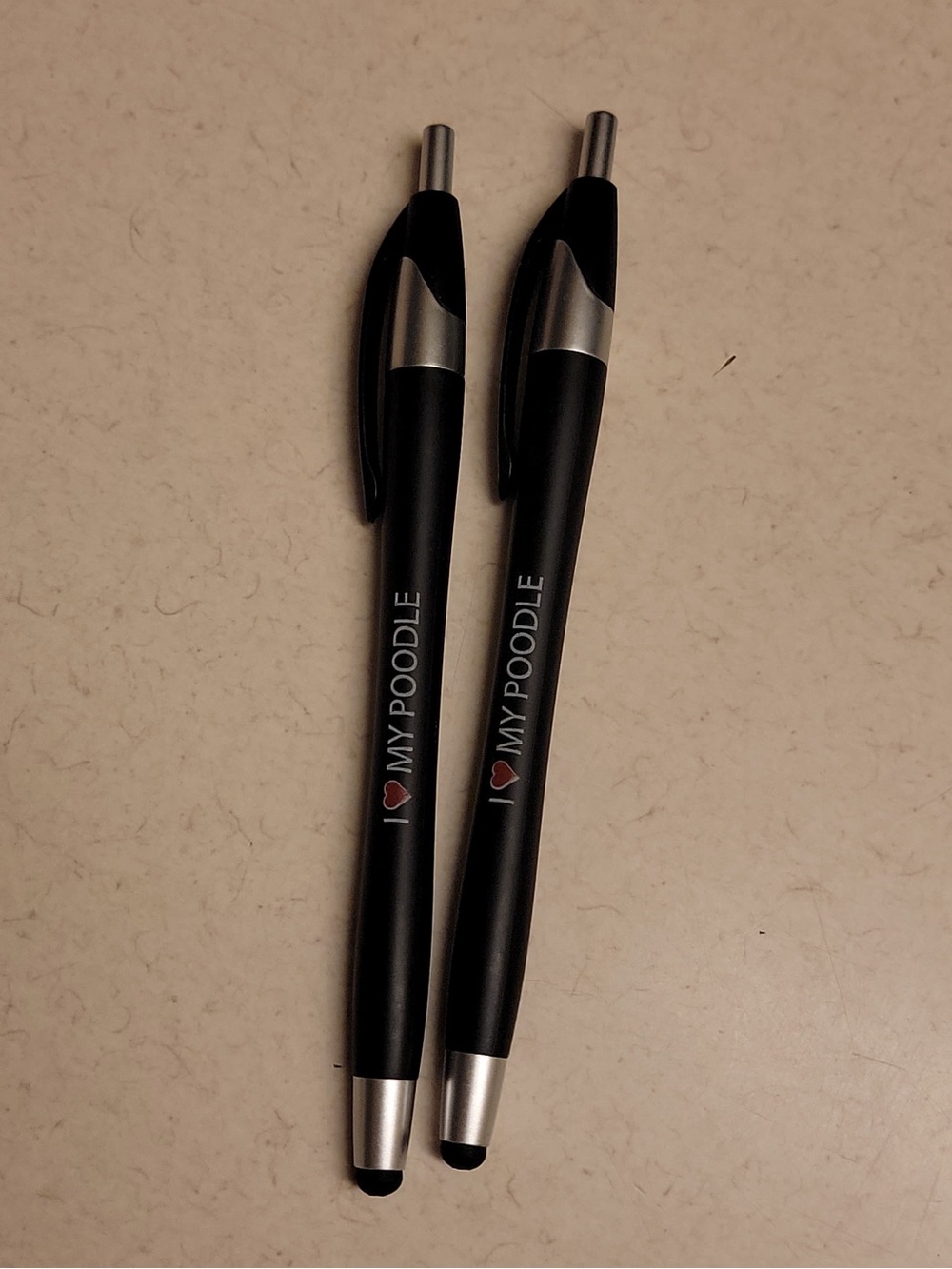 Stylus Ballpoint Pens with 'I ♥ My Poodle' Print - Black Ink - Set of 2